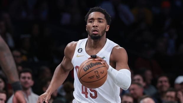 Mar 21, 2023; Brooklyn, New York, USA; Cleveland Cavaliers guard Donovan Mitchell (45) dribbles up court against the Brooklyn Nets during the first quarter at Barclays Center. Mandatory Credit: Vincent Carchietta-USA TODAY Sports